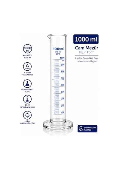 Uzun Form A Kalite Borosilikat Laboratuvara Uygun Cam Mezür 1000 ml 1 Adet
