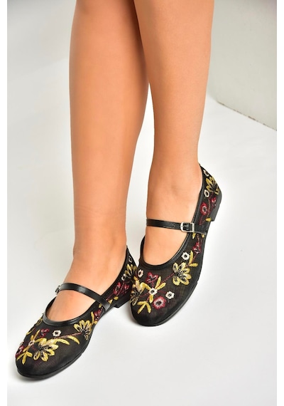 Fox Shoes U267853215 Siyah File Çiçek Motifli Kadın Babet Siyah-file Siyah