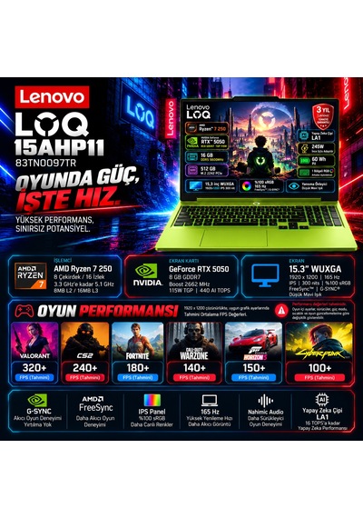 Lenovo LOQ 15AHP11 83TN00A3TRF40 Ryzen 7 250 128 GB 4 TB SSD 8 GB/rtx5050/115w 165hz 15.3" Free Dos Dizüstü Bilgisayar + Çanta