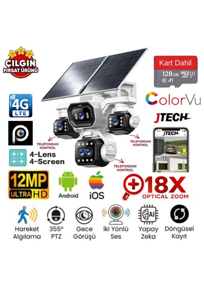 Inox X34 10mp 4g 18x Optik Zoom Esim Kartlı 2xsolar Panelli 4 Kameralı 3 Ptz + 128gb Sd Kart