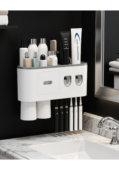Diş Fırçası Tutucu 6 Fırçalık Çift Dispenserli Uczzzdişfırçatutucu-2 Beyaz