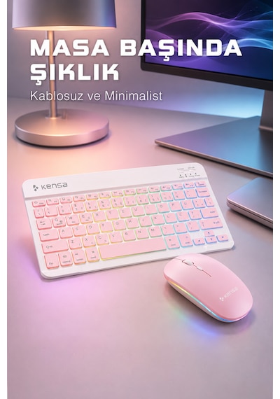 Tablet Ve Bilgisayar İçin Rgb Led Işıklı Taşınabilir Kablosuz Bluetooth Klavye Ve Dongle'lı Mouse Seti Pembe