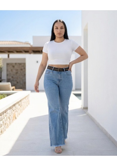 Zanessi Büyük Beden Toparlayıcı Kemerli Bol Paça Denim Kadın Pantolon Mavi