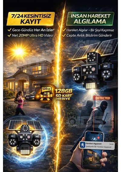 4 Lens 20mp Ultra Hd Tam Kontrol Sim Kartlı Güneş Enerjili Kamera 12xzoom Çakar Led Sd Kart