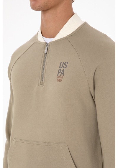 U.S. Polo Assn. Erkek Yarım Fermuarlı Comfort Fit Açık Haki Basic Sweatshirt 50316303-VR183