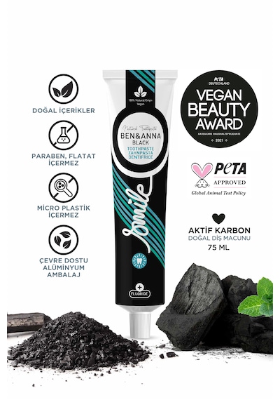 Ben & Anna Aktif Karbon + White Fresh Diş Macunu 2 Li Set Vegan, Doğal, 75 Ml Diş Minesi Bakımı