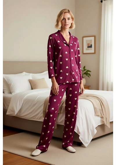 Benerly Kadın Gömlek Yaka Standart Kol Regular Kalıp Pijama Takımı Fonksi Koyu Vişne