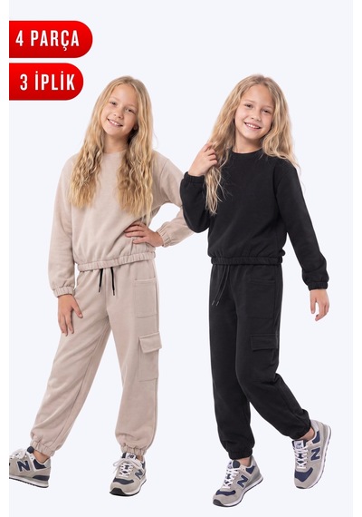 Panios Kids 3 İplik Kız Çocuk Düz Kısa Bel Sweatshirt Bisiklet Yaka 2'li Eşofman Takımı Bej-siyah