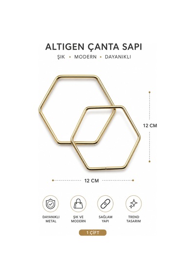 Vollen Yarn Altıgen Metal Çanta Sapı 12 Cm 1 Çift 2 Adet Geometrik Çanta Kulpu El Yapımı Çanta Aksesuarı Altın