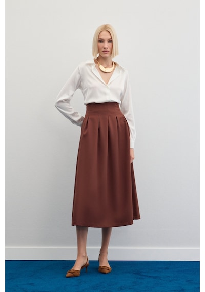 Sateen Pileli Midi Etek - Kahve-136478 Kahve