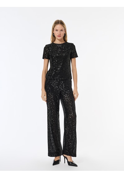 Koton Slim Fit Pullu Payetli İspanyol Paça Abiye Pantolon Siyah 6wak40001fk Siyah