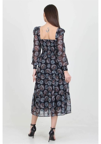Neşeli Butik Siyah Kadın Siyah Gipeli Kare Yaka Desenli Şifon Elbise Nb100361 Siyah