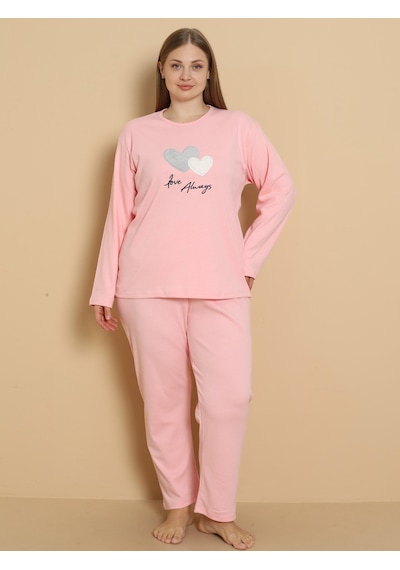 Wordex Fawn 1110 İnterlok Büyük Beden Kalpli Kışlık Ev Kadın Pijama Takımı Pembe