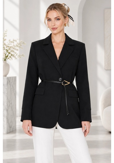Mevese Kadın Astarlı Garni Kol Detaylı Kemerli Blazer Ceket - Kuşaklı Şık Ceket - Siyah