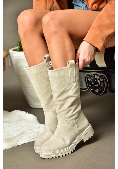 Fox Shoes R555267002 Bej Hakiki Deri Süet Kadın Çizme Bej