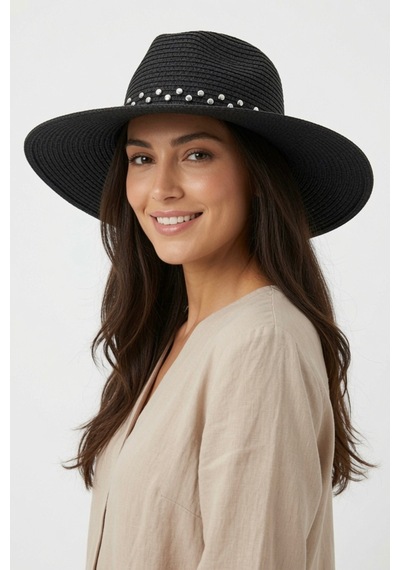 Mollycrush Kadın Hediye Hasır Siyah Şapka Geniş Siperli Perçinli Bohem Tasarım Siyah