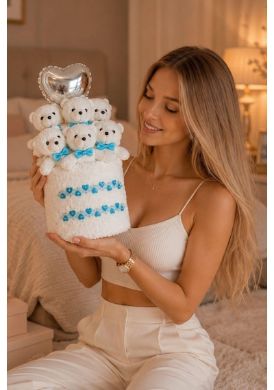 Premium Taş Süslemeli Peluş Ayıcık Buketi Mavi Papyon & Gümüş Kalp Balonlu Hediye - Sevgiliye, Kıza Hediye