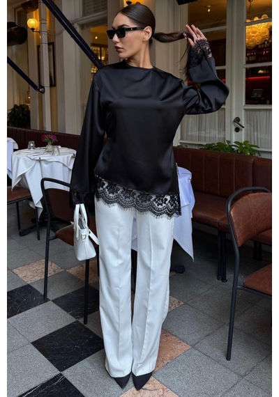 Madmext Siyah Asimetrik Dantelli Uzun Kollu Saten Bluz Mg2799