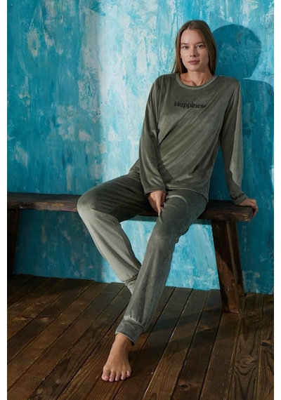 Mihra Homewear Kadın Pijama Takımı Uzun Kol Soft Fransız Kadife Haki