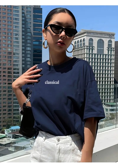 Kadın Lacivert Classical Ön Baskılı Oversize T-shirt Lacivert