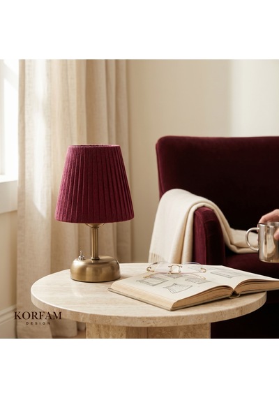 Bordo Keten Kumaş Pilli Masa & Gece Lambası Çok Renkli