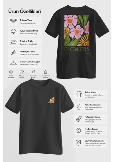 Spoyi Çiçek Marketi Tasarımlı %100 Pamuk Yarım Oversize Siyah T-shirt