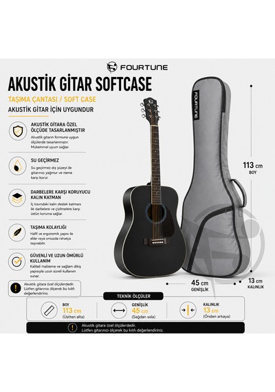 Fourtune Luca Gri Akustik Gitar Çantası Gigbag Kalın Soft Case