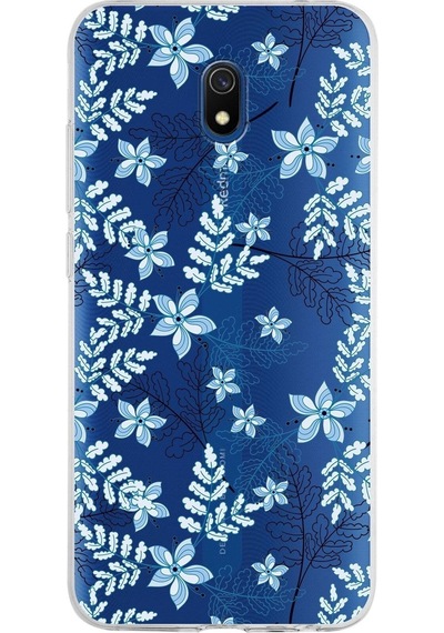 Xiaomi Redmi 8a Uyumlu Kapak Floral Mavi Tasarımlı Şeffaf Silikon Kılıf