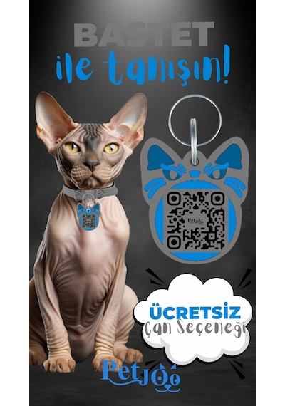 Petjoo 1.Bastet Mavi-Gri Qr'lı Kedi Künyesi