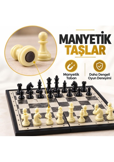 Manyetik Satranç Takımı 24x24 Cm Katlanabilir Taşınabilir Mermer Desenli Satranç Seti