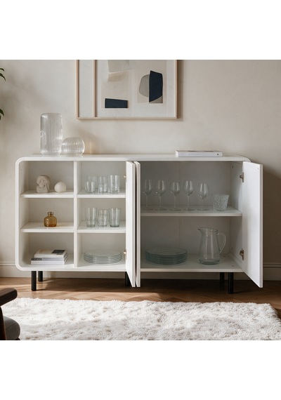 İnarch Dizayn Anka 3 Kapaklı Modern Konsol Metal Ayaklı Açık Raflı Depolama Dolabı Beyaz