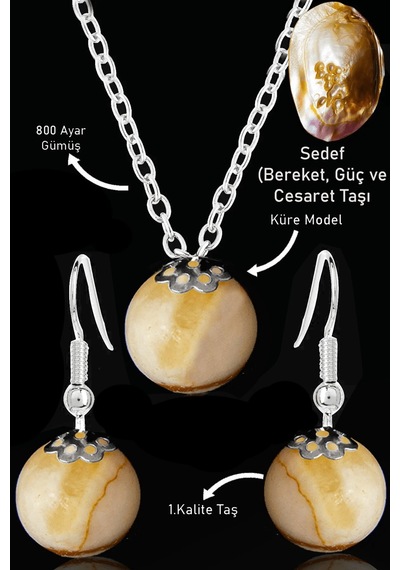 Sertifikalı Küre Model Sedef Taşı Kolye Ve Küpe Seti - Gümüş Apar Çok Renkli
