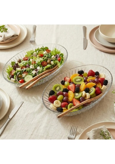 Selen Concept Riva Model El Yapımı Cam Salata Kasesi ve Meyvelik 2'li Set