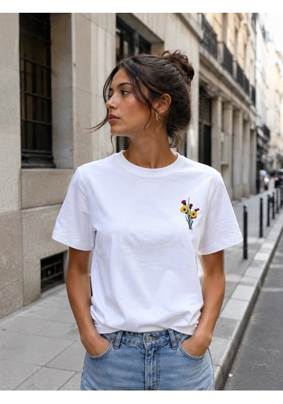Yubistitch Tshirt Nakış İşlemeli 3d Çiçek-kalın- Beyaz
