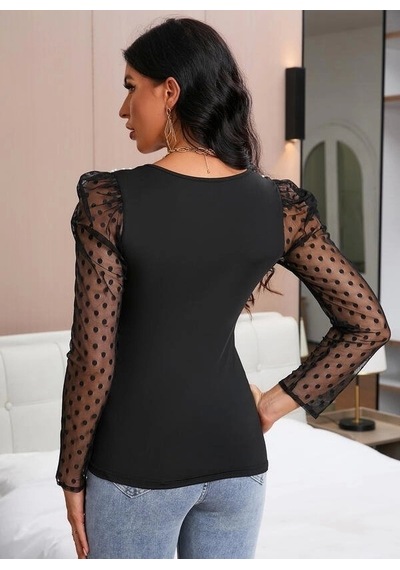 Defymoda Kadın Uzun Kollu Omuz Inci Kollar Tül Detay Viskon Bluz Siyah