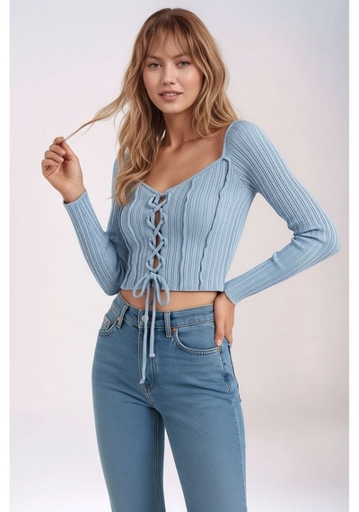 Mamayaga Kadın Yuvarlak Yaka Önden Bağcıklı Uzun Kol Fitilli Crop Boy Spor Şık Bluz Buz Mavisi Mamayaga Kadın Yuvarlak Yaka Önden Bağcıklı Uzun Kol Fitilli Crop Boy Spor Şık Bluz Buz Mavisi