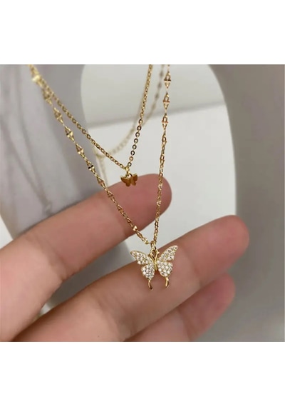 Girift Vintage Silk Kelebek Figürlü İki Katmanlı Zarif Kolye Gold