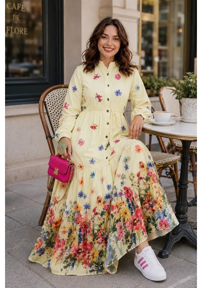 Hb Harma Time Butik Kadın Düğmeli Çiçek Desenli Modal Sarı Elbise Hardal