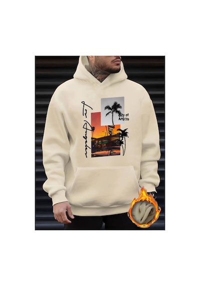 Medinenur Los Angeles Baskılı Kapüşonlu Sweatshirt Bej