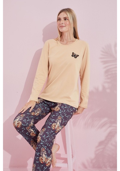 Siyah İnci Pamuklu Örme Pijama Takım 24240180 Ten Rengi