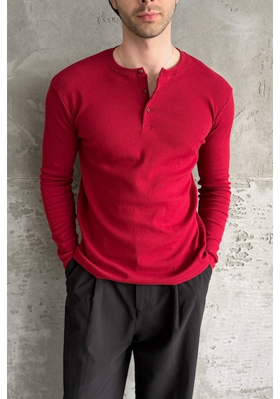 Erkek Henley Yaka Düğmeli Penye Bluz Kırmızı