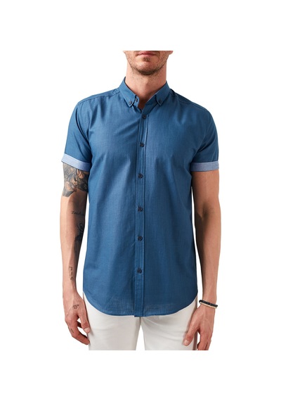 Buratti Pamuklu Slim Fit Düğmeli Yaka Kısa Kollu Erkek Gömlek Cf21S112546 Indigo