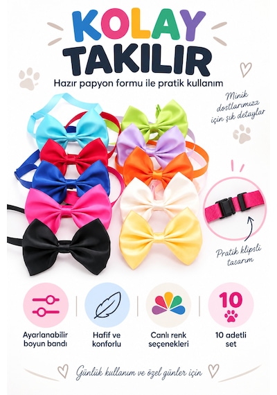 Showtech Kedi Köpek Renkli Papyon Aksesuar 10 Adetli Paket