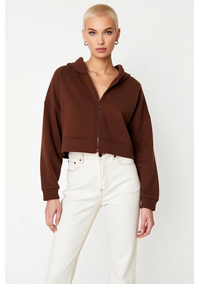 Benerly Kadın Kapüşonlu Fermuarlı Düşük Kol Örme Sweatshirt Fonksiyonel D Kahverengi