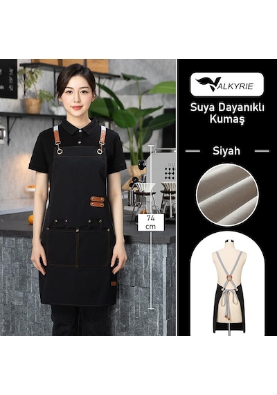 Valkyrie Suya Dayanıklı Barista Önlüğü Ayarlanabilir Askılı Cepli Mutfak Kafe Garson Önlüğü Siyah 74 Cm