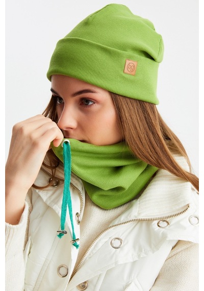Butikgiz Kadın Balıkçı Style Pamuklu Kaşkorse Terletmez Ultra Hafif Yumuşak Bere Boyunluk Takım Yeşil