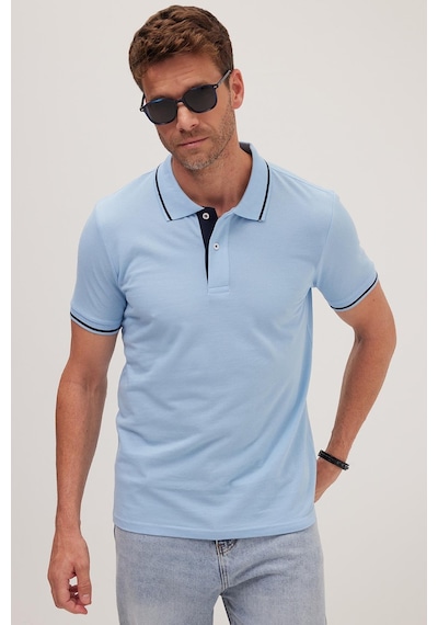Tudors Erkek Slim Fit Dar Kesim %100 Pamuk Yumuşak Dokulu Serin Tutan Kumaş Düz Pike Mavi Polo Yaka Tişört-42247 Mavi