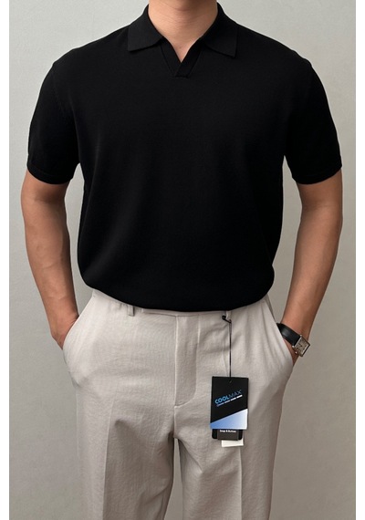 Tarz Cool Erkek Patlı Kısa Kollu Polo Yaka Triko T-shirt Siyah