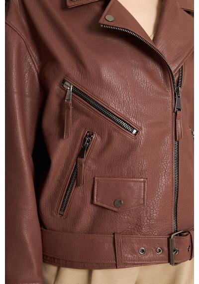 M M Marki Marki Kadın Hakiki Jumbo Deri Ceket Biker Tarz, Kemerli, Oversize, Apoletli, 65 Cm, Kahverengi - 116622x