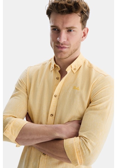 Ucla Jacquez Sarı Keten Nakışlı Standard Fit Erkek Gömlek Sarı
